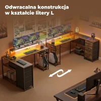 HOMCOM Biurko gamingowe w kształcie litery L z zasilaniem, oświetleniem LED, 4 szufladami, podstawką pod monitor, 155x110x91,4 cm, brązowe(m-6)