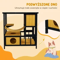 Dom dla Kotów PawHut z Drewna, Kocia Jama, Willa dla Kotów na Zewnątrz, Drewniany Domek dla Kotów z Mostem Wiszącym, Balkonem, Platformą, dach odporny na wodę, dla 1-2 Kotów do 5 kg, Żółty(m-7)
