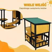 Dom dla Kotów PawHut z Drewna, Kocia Jama, Willa dla Kotów na Zewnątrz, Drewniany Domek dla Kotów z Mostem Wiszącym, Balkonem, Platformą, dach odporny na wodę, dla 1-2 Kotów do 5 kg, Żółty(m-6)