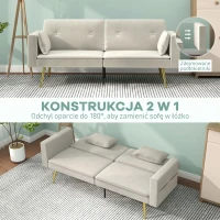 HOMCOM sofa 2 osobowa z funkcją spania regulowane oparcie miękkie poduszki pokrycie aksamitowe do salonu pokoju gościnnego Beżowy(m-4)
