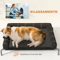 PawHut Lettino per Cani Rialzato di 19.5 cm con Cuscino a U, in Poliestere e Acciaio, 110x75x30 cm, Nero e Argento(m-5)