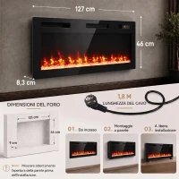 HOMCOM 127 cm Camino Elettrico da Incasso/Parete/Terra Ultrasottile 8.3 cm con Telecomando, 900/1800W, Timer, 35㎡ Nero(m-3)