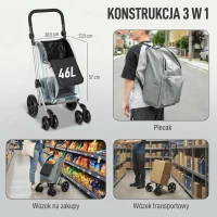 HOMCOM Wózek na zakupy, torba 46 litrów, składany wózek na zakupy z chłodziarką, regulowany uchwyt, rama aluminiowa, szary(m-4)