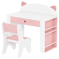 AIYAPLAY Kindertafel en stoelset voor leren en spelen, met lade en boekenrek, wit/roze(m-13)