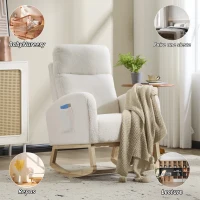 Fauteuil à bascule d’allaitement, dossier haut ergonomique, base incurvée en bois massif, poche latérale, 75x63x104 cm, Blanc(m-6)