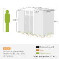 Outsunny Capanno da Giardino Porta Attrezzi in Acciaio Zincato con 2 Porte, 246x117x180 cm, Grigio Scuro(m-3)