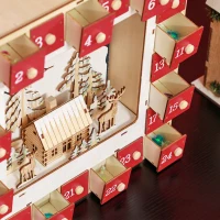 HOMCOM Kalendarz Adwentowy LED z Sceną Wiejską, 24 Duże Szuflady, MDF, 34 x 7 x 34 cm, Czerwony(m-7)