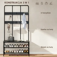 HOMCOM Wieszak na ubrania 3 w 1 z ławką i wieszakiem na buty, wolnostojący wieszak na ubrania z ławką na buty i 6 haczykami do przedpokoju, przedpokoju, salonu, czarny(m-4)