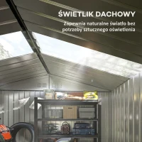 Outsunny Metalowy Domek Narzędziowy 4,9 m², Szopa Ogrodowa z Dwuspadowym Dachem, Drzwi Przesuwne, Fundament, 277 x 195 x 192 cm, Ocynkowana Stal, Odporny na Warunki Atmosferyczne, dla Ogrodu, Szary(m-4)