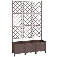 Outsunny Plastic Raised Planter with Trellis, Self Watering Raised Bed for Garden with Wheels, Drainage Holes, Brown(m-1)