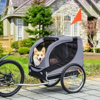 PawHut Rimorchio Bici per Cani Taglia Media con Finestre Laterali e Bandierina, 130x73x90 cm, Grigio e Nero(m-2)