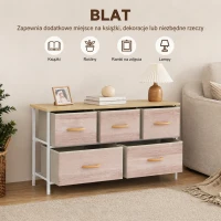 HOMCOM Komoda z 5 szufladami, tkaninowa szafka z metalową ramą i drewnianym blatem, naturalne drewno i biały(m-5)