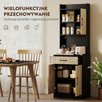 HOMCOM Szafka kuchenna wysoka z 3 drzwiami, szufladą, witryną z 3 otwartymi półkami, półką na mikrofalówkę, otworem na kable, szafka na zapasy do kuchni, salonu, czarna(m-4)