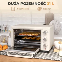 Mini Piekarnik HOMCOM, 3 tryby, do 230° C, 1400W, z akcesoriami, 46x38,5x29cm, Kremowy(m-4)