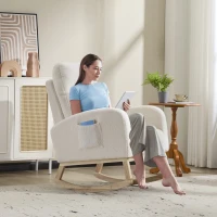 Fauteuil à bascule d’allaitement, dossier haut ergonomique, base incurvée en bois massif, poche latérale, 75x63x104 cm, Blanc(m-7)