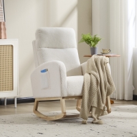 Fauteuil à bascule d’allaitement, dossier haut ergonomique, base incurvée en bois massif, poche latérale, 75x63x104 cm, Blanc