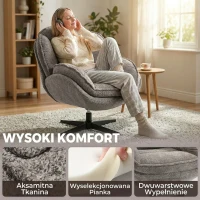 HOMCOM Nowoczesny fotel typu wingback, welurowy fotel z podłokietnikami, czteroramienna podstawa, sprężyny S, funkcja obrotu 360°, szary(m-5)