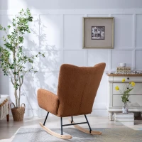 Fauteuil à bascule en tissu teddy, avec poche, dossier enveloppant et base en bois massif, pour salon ou chambre d’enfant, Marron(m-12)