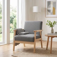 HOMCOM Fotel w stylu skandynawskim, Fotel akcentowy, Lite drewno, Imitacja lnu, 64 cm x 70 cm x 72 cm, Szary + Natura(m-8)