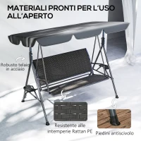 Outsunny Dondolo da Giardino 3 Posti in Rattan PE e Acciaio con Tettuccio e Portabicchieri, 204x112x150 cm, Grigio(m-6)