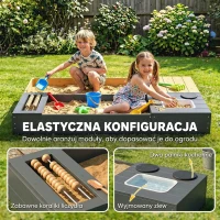 AIYAPLAY Piaskownica 2-częściowa 150x90 cm drewniana z siedziskiem, schowkiem, płytą grzewczą, wyjmowanym zlewozmywakiem i koralikami abakusa, żółta(m-4)