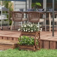 Outsunny Fioriera in Legno da Esterno a 2 Livelli con 3 Vasi e Ruote di Carro Stile Country, 55x32x56cm(m-2)