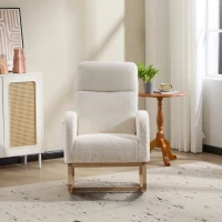 Fauteuil à bascule d’allaitement, dossier haut ergonomique, base incurvée en bois massif, poche latérale, 75x63x104 cm, Blanc(m-14)