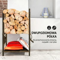Outsunny Regał na drewno kominkowe do wnętrz, 43 x 30 x 74 cm, dwupoziomowy, z 4 narzędziami kominkowymi, haczykami, stojak na drewno kominkowe, metalowy, czarny(m-4)