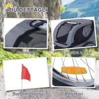 PawHut Rimorchio Bici per Cani Taglia Media con Finestre Laterali e Bandierina, 130x73x90 cm, Grigio e Nero(m-8)