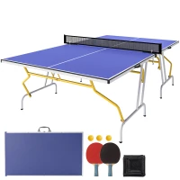 SPORTNOW Stół do tenisa stołowego, składany, w zestawie 2 rakietki, 3 piłeczki, siatka, do wnętrz, metalowa konstrukcja, 274x152x76 cm, niebieski(m-12)