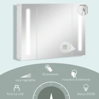 kleankin Armadietto Specchiera da Bagno con 3 Armadietti, 3 Ripiani e Luce LED, 90x15x65 cm, Bianco(m-5)