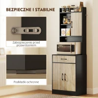 HOMCOM Szafka kuchenna wysoka z 3 drzwiami, szufladą, witryną z 3 otwartymi półkami, półką na mikrofalówkę, otworem na kable, szafka na zapasy do kuchni, salonu, czarna(m-5)