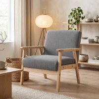 HOMCOM Fotel w stylu skandynawskim, Fotel akcentowy, Lite drewno, Imitacja lnu, 64 cm x 70 cm x 72 cm, Szary + Natura(m-9)
