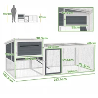 PawHut Pollaio per Galline in Legno di Abete con Casetta, Nido per Cova e Area Esterna, 214x101x 91.5 cm, Grigio(m-3)