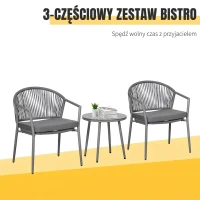 Outsunny 3-częściowy zestaw bistro rattanowy, zgrupowanie siedzeń, zestaw ogrodowy z 2 krzesłami ogrodowymi, stolik kawowy, zestaw mebli balkonowych dla ogrodu, tarasu, stal, szary(m-4)
