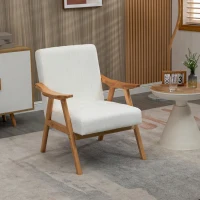 HOMCOM Fotel z podłokietnikami, Fotel w aksamicie, Fotel relaksacyjny w stylu skandi, Fotel z podłokietnikami do salonu, sypialni, nogi z drewna kauczukowego, Kremowy, 68 x 74 x 82 cm(m-6)