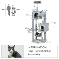 PawHut Albero per Gatti con Amaca, Lettino e 2 Casette, in Truciolato e Peluche, 55x49x177 cm, Grigio e Bianco(m-3)
