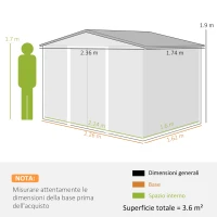Outsunny Casetta da Giardino 3.6m² in Lamiera di Acciaio con 2 Porte Scorrevoli e 4 Prese d'Aria, 236x174x190 cm, Verde(m-3)