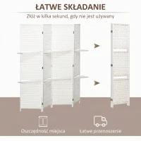 HOMCOM Parawan 4-częściowy 181 x 180 cm, Składany, z 2 półkami wykonany z drewna sosnowego i bambusa, do sypialni, biały(m-4)