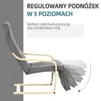 HOMCOM fotel do salonu relaksacyjny 5-stopniowy regulowany podnóżek z podłokietnikami drewno brzozowe do 120 kg szary(m-4)