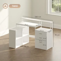 HOMCOM Scrivania Ufficio con 2 Tavoli, 4 Ripiani, 3 Cassetti e Supporto per Monitor, in Legno, 138.5x90x92 cm, Bianco(m-3)