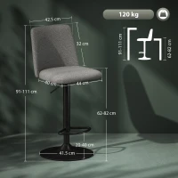 HOMCOM Set 2 Sgabelli da Bar Girevoli ad Altezza Regolabile, in Tessuto Effetto Lino, 44x53x91-111 cm, Grigio Scuro(m-3)