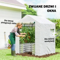 Outsunny Szklarnia foliowa z grządką podwyższoną, drzwiami rolowanymi i oknami, szczytowy dach 141 x 141 x 190 cm, biały(m-7)