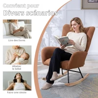 Fauteuil à bascule en tissu teddy, avec poche, dossier enveloppant et base en bois massif, pour salon ou chambre d’enfant, Marron(m-7)