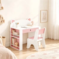 AIYAPLAY Kindertafel en stoelset voor leren en spelen, met lade en boekenrek, wit/roze(m-9)