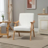 HOMCOM Fotel z podłokietnikami, Fotel w aksamicie, Fotel relaksacyjny w stylu skandi, Fotel z podłokietnikami do salonu, sypialni, nogi z drewna kauczukowego, Kremowy, 68 x 74 x 82 cm(m-10)