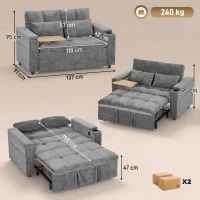 HOMCOM Canapé-lit 2 places à dossier réglable Canapé-lit avec 2 coussins 136x190 cm Gris(m-3)