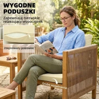 Outsunny Zestaw mebli ogrodowych z drewna dla 4 osób – kanapa, 2 fotele, stolik, dekoracja z lin, lamelowe wykończenie, zdejmowane poduszki(m-6)