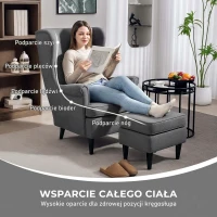 HOMCOM Oorfauteuil met Voetkruk, Gestoffeerde Fauteuil met Rubberhouten Poten, Stoffen Bekleding, Grijs(m-4)