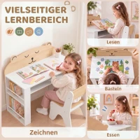 AIYAPLAY Kinder tafel- en stoelset om te leren en tekenen, kinderset met boekenkast, wit(m-4)